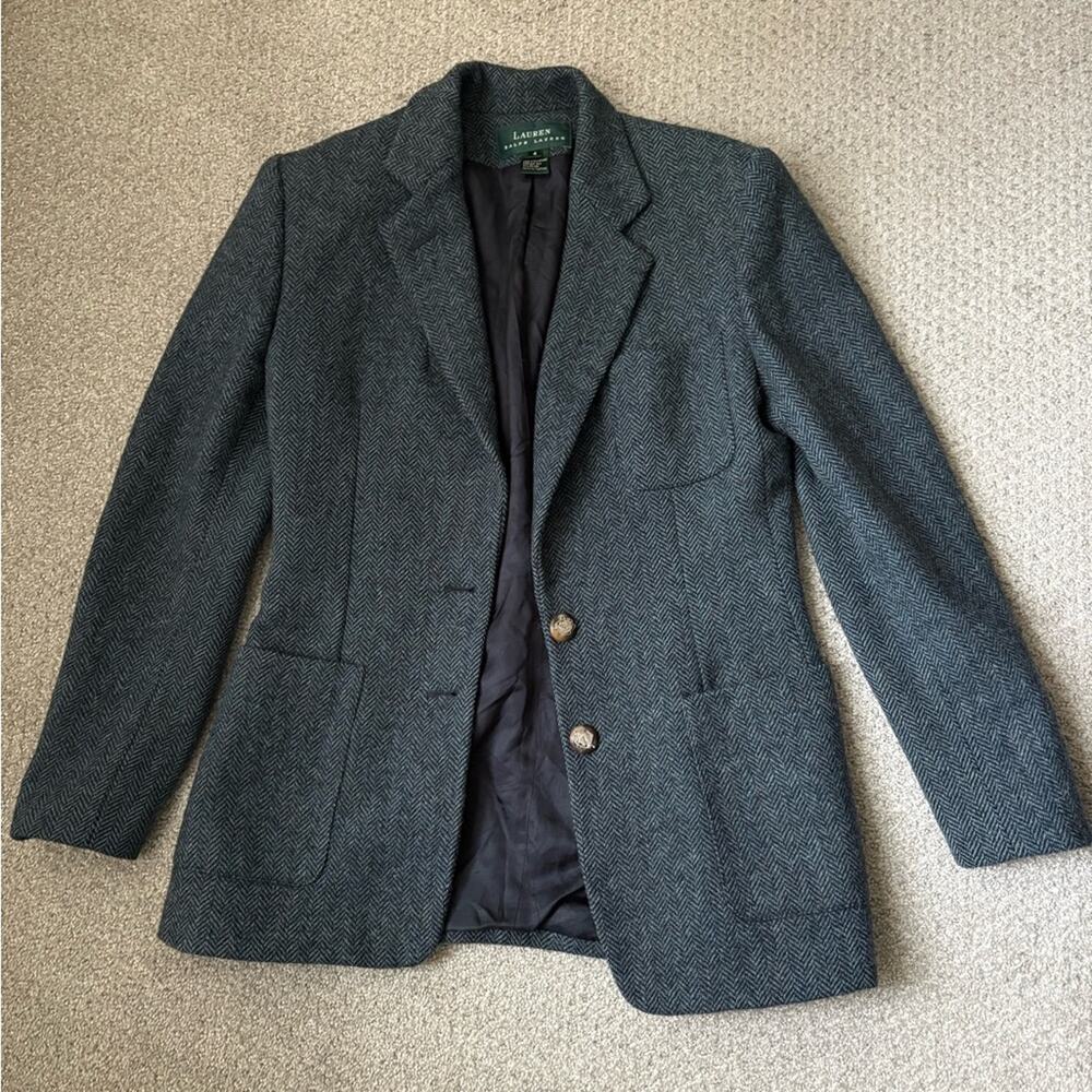 VTG Ralph Lauren blue Gray herringbone Blazer horse buttons equestrian 4